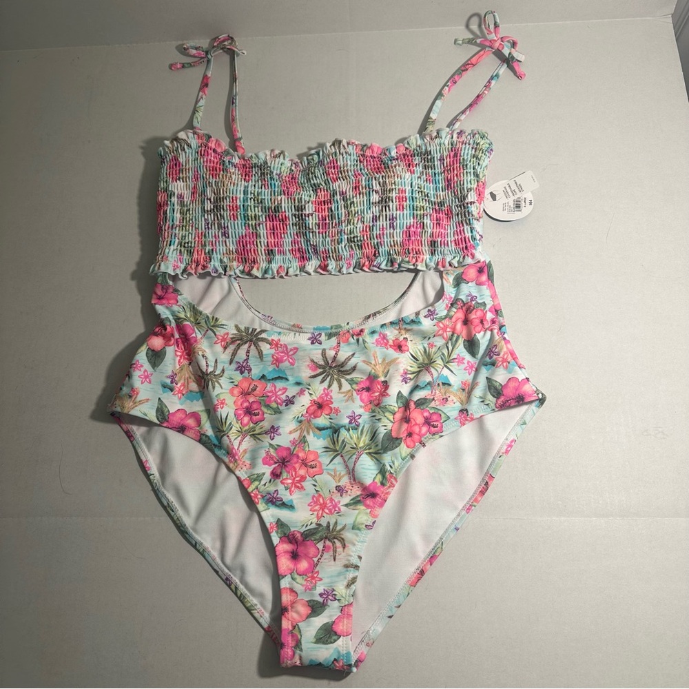 Decree Womens Textured One Piece‎ Swimsuit Island Floral XL NWT